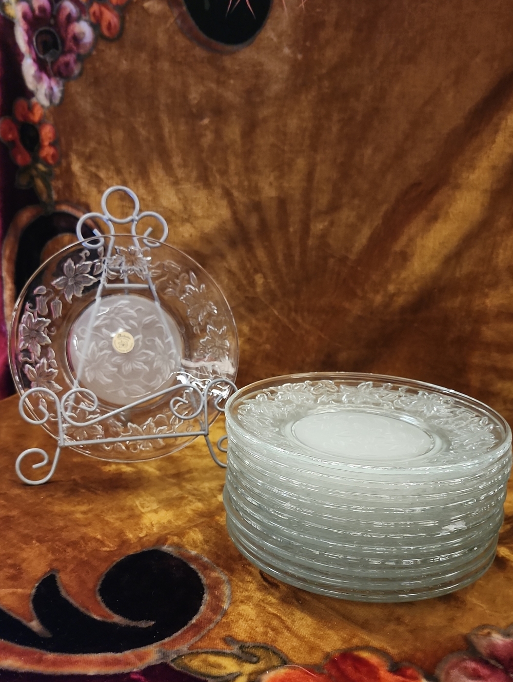Princess House Crystal Floral Embossed  8" Salad Plates - Set Of 12
